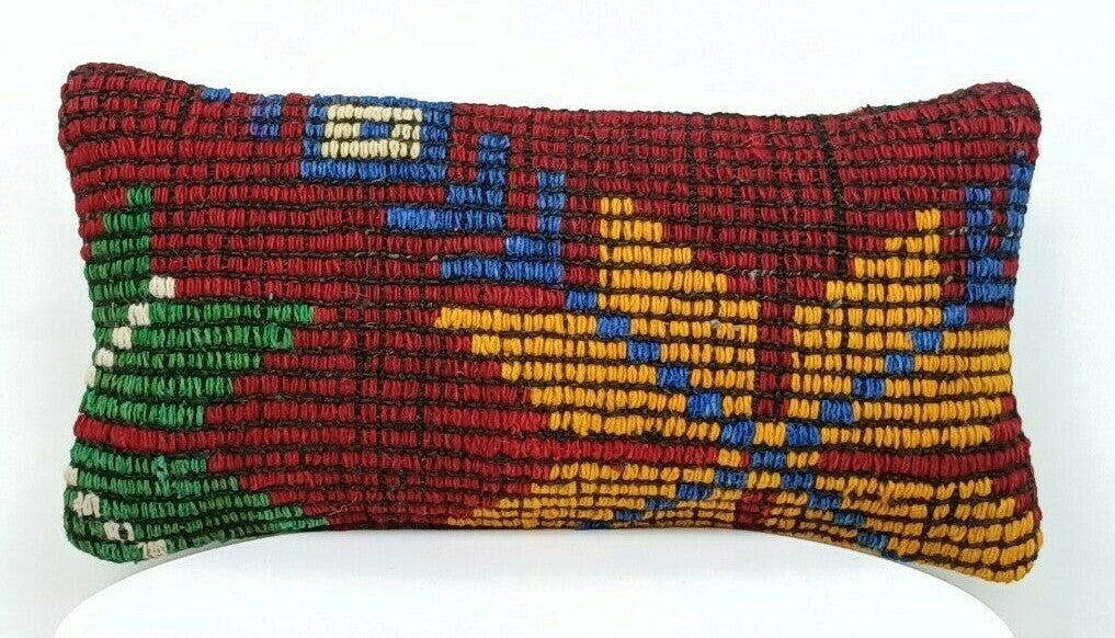 Turkish Kilim Pillow Cover 8"x16" Handknotted Vintage Tribal Lumbar Cushion E390