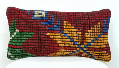 Turkish Kilim Pillow Cover 8"x16" Handknotted Vintage Tribal Lumbar Cushion E390