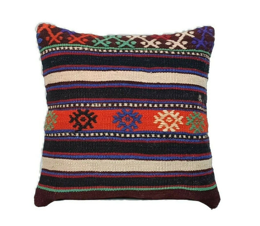 Kilim Pillow Cover 16x16 Handmade Vintage Wool Lumbar Tribal Ethnic Cushion E160