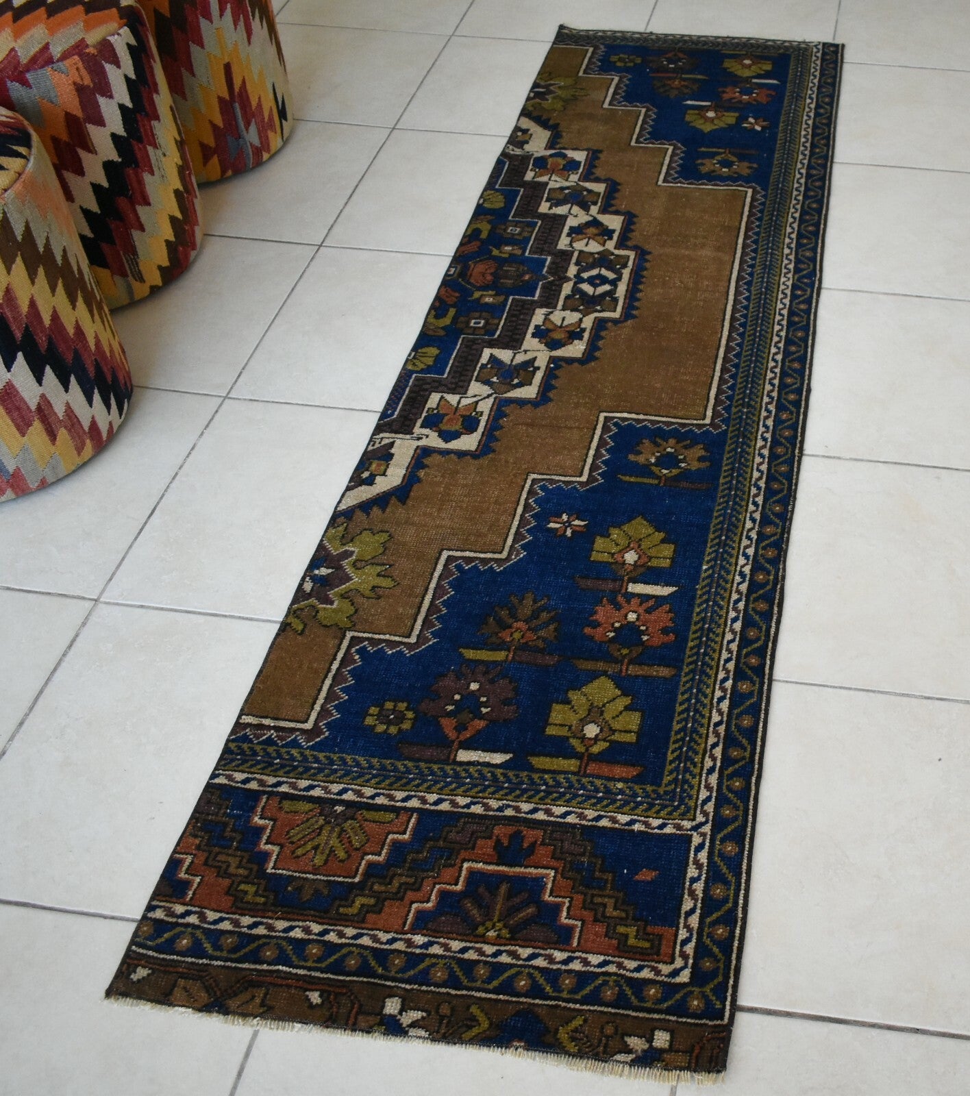 Vintage Runner 7.4x2 ft Oushak Runner Anatolian Rug Faded Turkish Runner R08