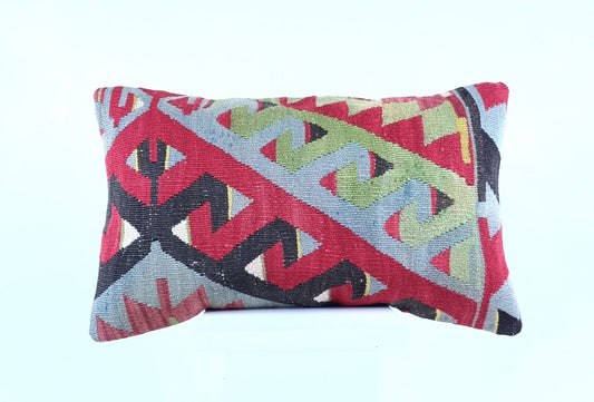 Kilim Pillow Cover 12x20 Handmade Turkish Rug Boho Ethnic Lumbar Cushion 1903