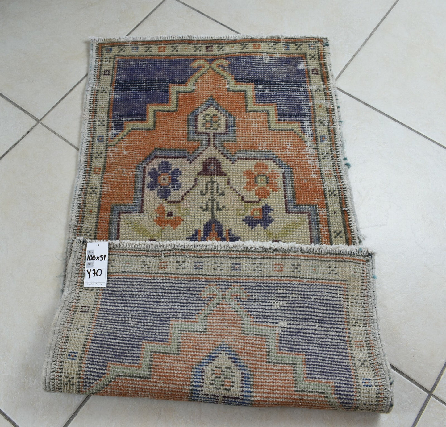Turkish Runner 3.2x1.6 ft Vintage Small Rug Oushak Runner Anatolian Mini Rug Y70