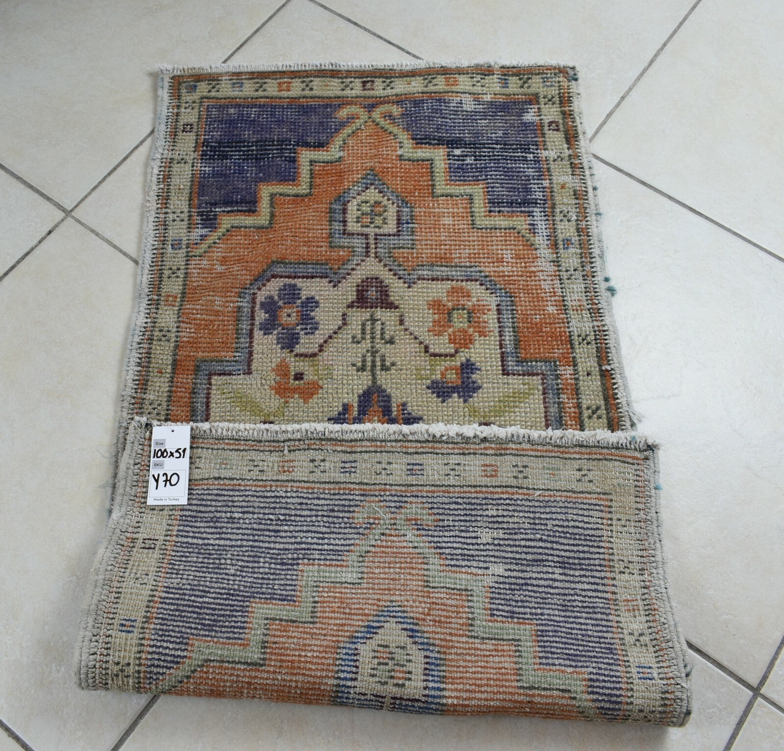 Turkish Runner 3.2x1.6 ft Vintage Small Rug Oushak Runner Anatolian Mini Rug Y70