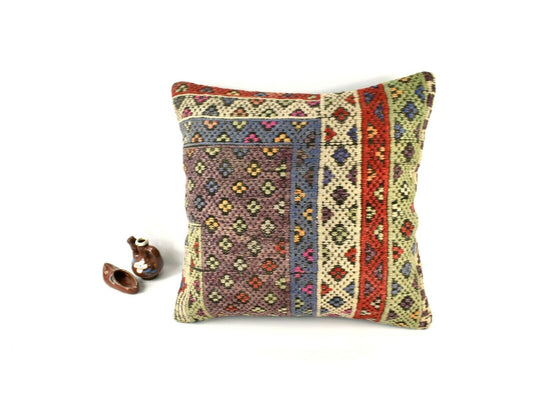 Kilim Pillow Cover 18x18 Decorative Vintage Pillow Oushak Rug Pillow A2861