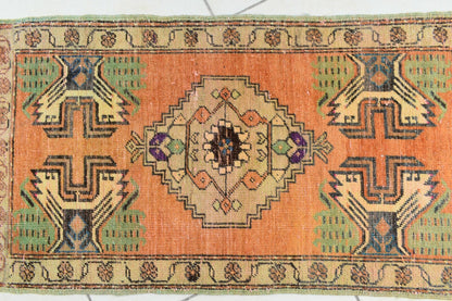 Turkish Runner 3.3x1.6 ft Vintage Small Rug Oushak Runner Anatolian Mini Rug Y65