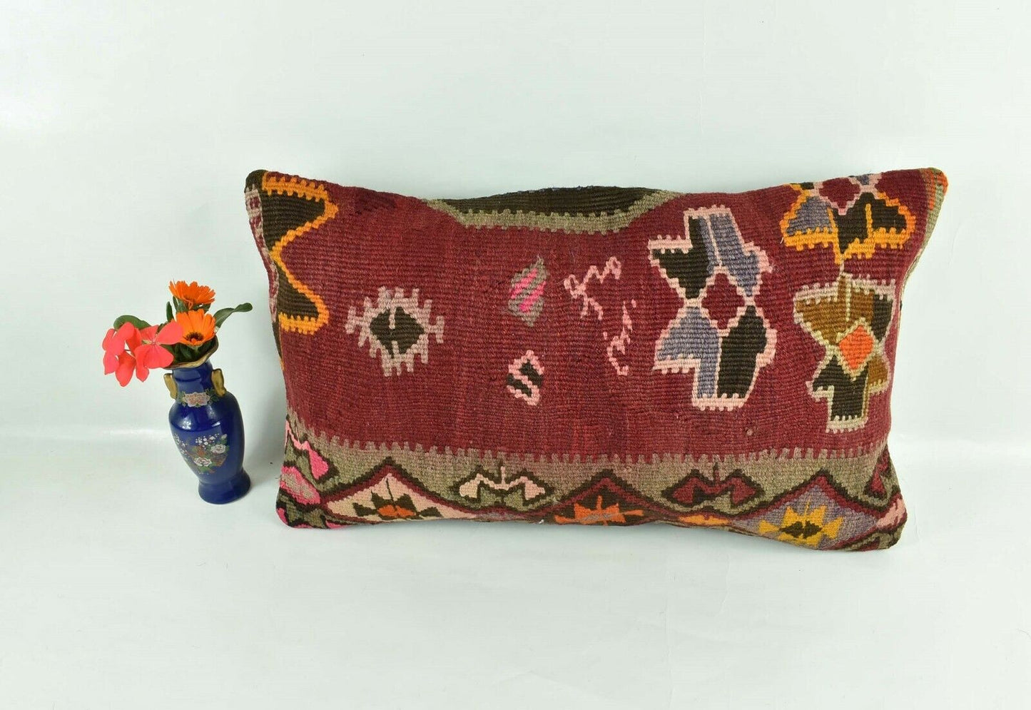 Kilim Pillow Cover 12x20 Turkish Handmade Vintage Couch Lumbar Cushion  A1814