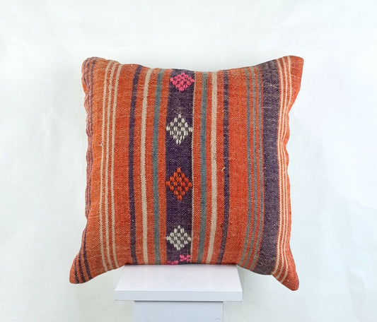 Kilim Pillow Cover 18x18 Handmade Turkish Ethnic Vintage Lumbar Cushion A1391