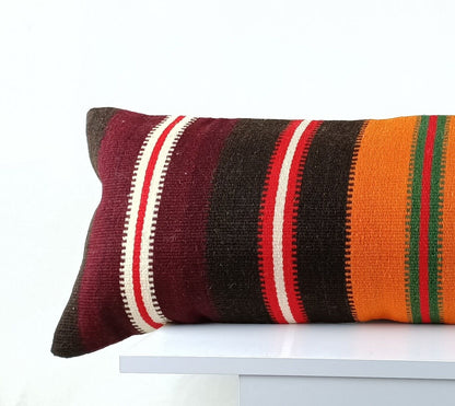 Long Kilim Lumbar Pillow Cover 12x36 Handmade Anatolian Ethnic Rug Cushion A1518