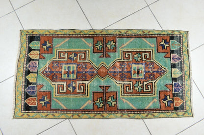 Oushak Runner 3.8x1.9 ft Vintage Turkish Rug Small Runner Anatolian Rug Y58