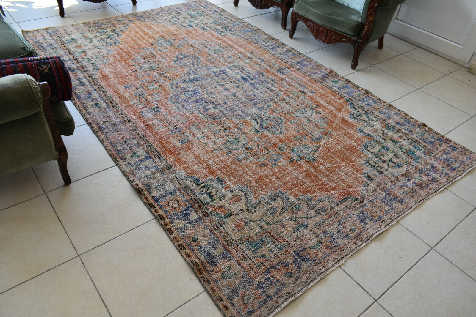 Large Turkish Rug 9.7x5.9 ft Vintage Rug Faded Oushak Rug Living Room Carpet B26