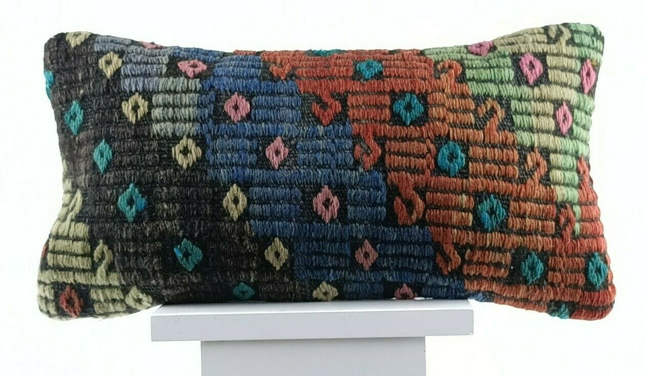 Oushak Pillow Cover 8x16 Handmade Turkish Oriental Kilim Decorative Lumbar E748