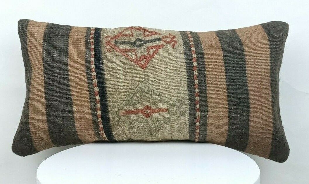 Kilim Pillow Cover 10x20 Handmade Vintage Oushak Rug Ottoman Lumbar Cushion E435