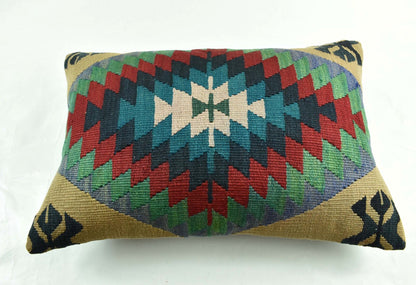 Kilim Pillow Cover 16x24 Tribal Vintage Turkish Carpet Lumbar Pillow Cover 3097