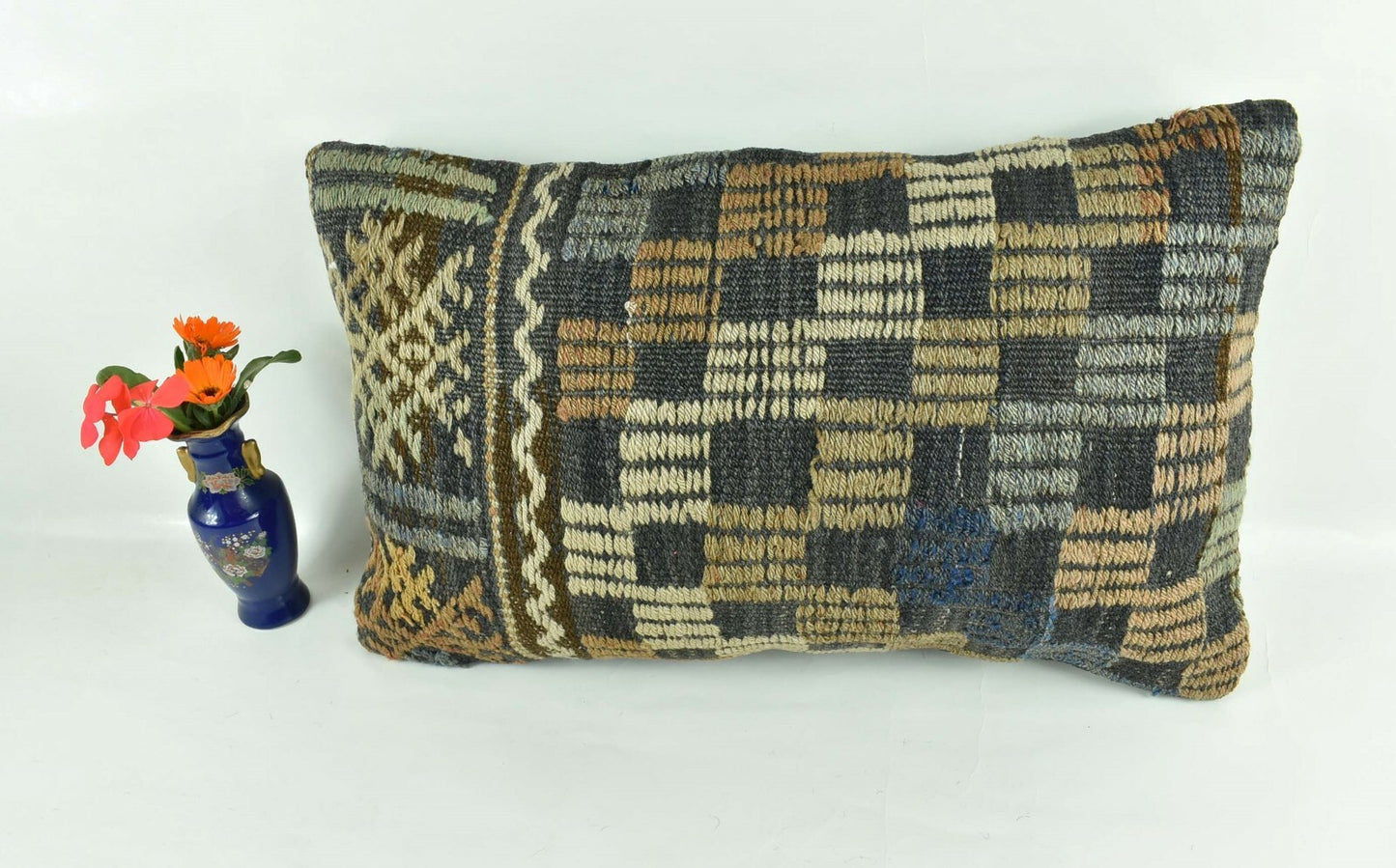 Kilim Pillow Cover 12x20 Turkish Handmade Vintage Couch Lumbar Cushion  A1863