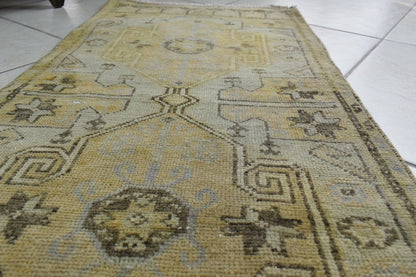 Vintage Runner 3.3x1.6 ft Mini Turkish Rug Oushak Runner Anatolian Runner Y95