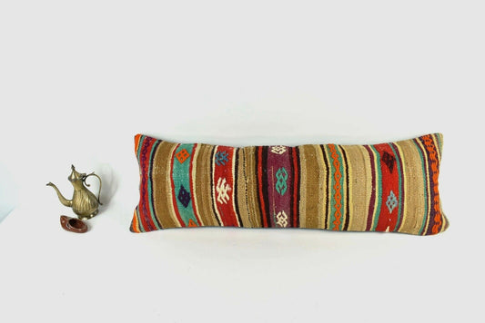 Long Kilim Lumbar Pillow Cover 12x36 Handmade Anatolian Ethnic Rug Cushion A2027