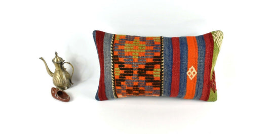 Kilim Pillow Cover 12x20 Handmade Turkish Rug Boho Ethnic Lumbar Cushion 3274