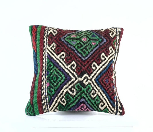 14"x14" Kilim Pillow Cover Handmade Turkish Tribal Ethnic Boho Rug Cushion E1301