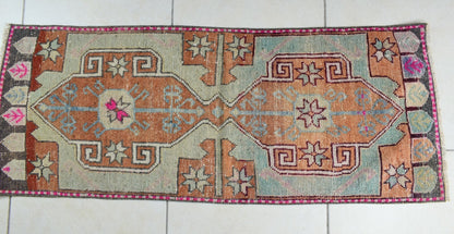 3.8x1.5 ft Anatolian Runner Small Vintage Rug Oushak Runner Mini Turkish Rug Y85