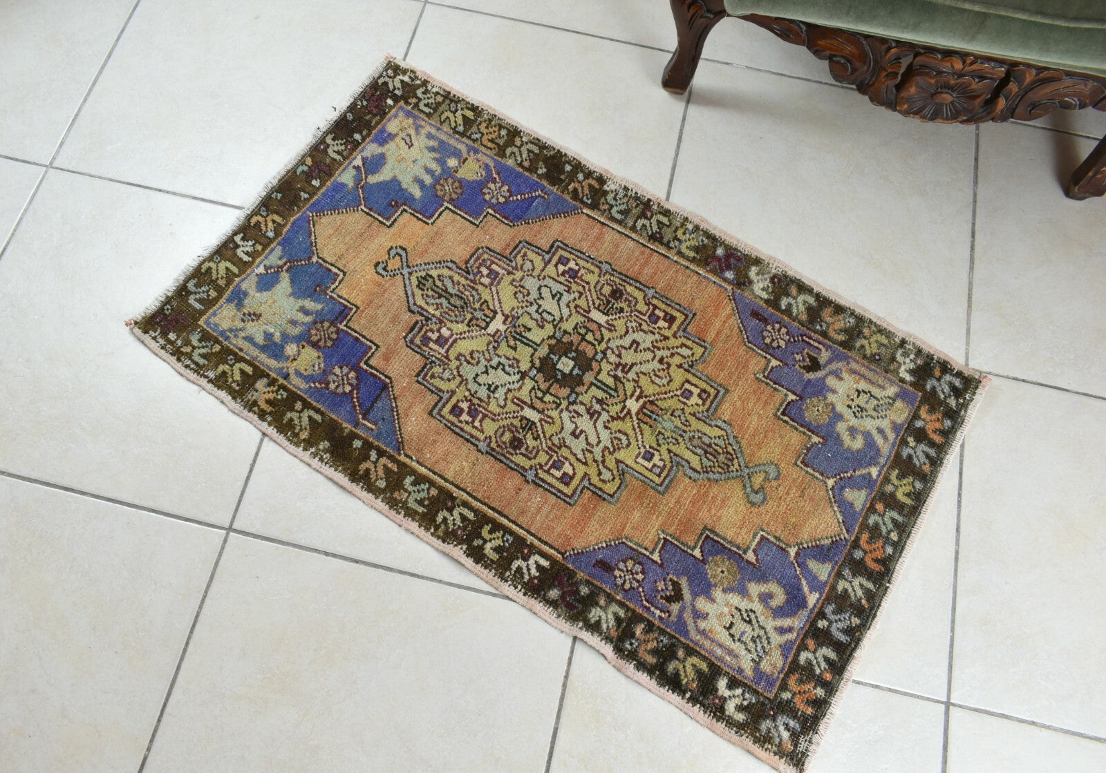 Turkish Runner 3.1x1.8 ft Vintage Small Rug Oushak Runner Anatolian Mini Rug Y72