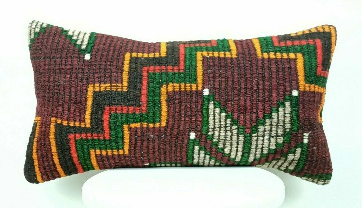 Kilim Pillow Cover 12x24 Handmade Turkish Traditional Wool Lumbar Cushion E400