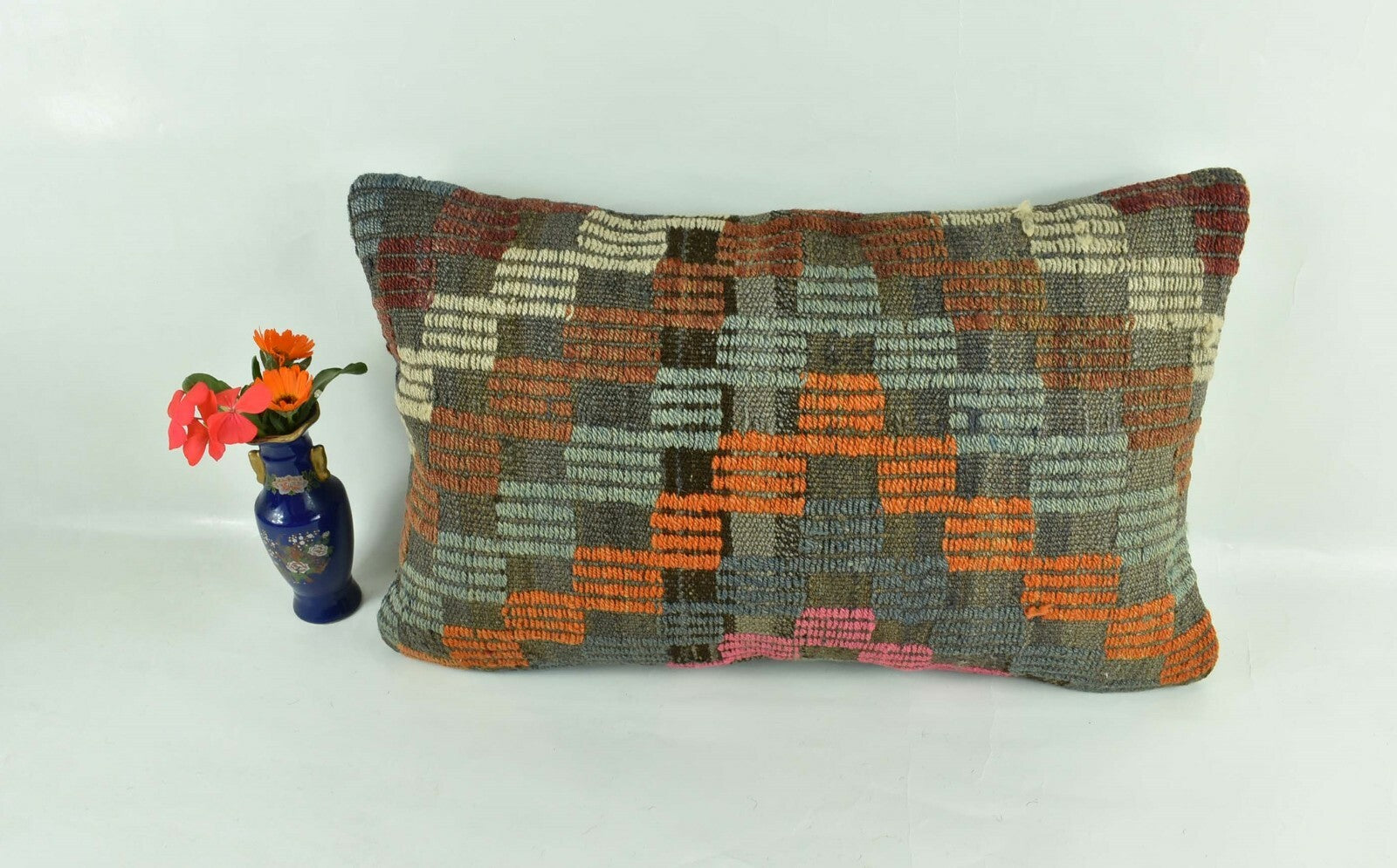 Kilim Pillow Cover 12x20 Turkish Handmade Vintage Couch Lumbar Cushion  A1862