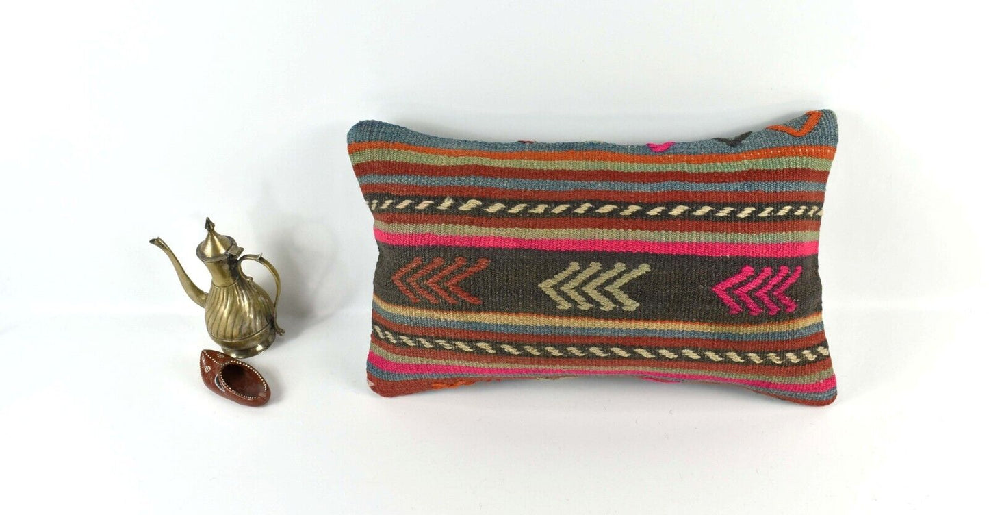 Kilim Pillow Cover 12x20 Handmade Turkish Rug Boho Ethnic Lumbar Cushion 3289