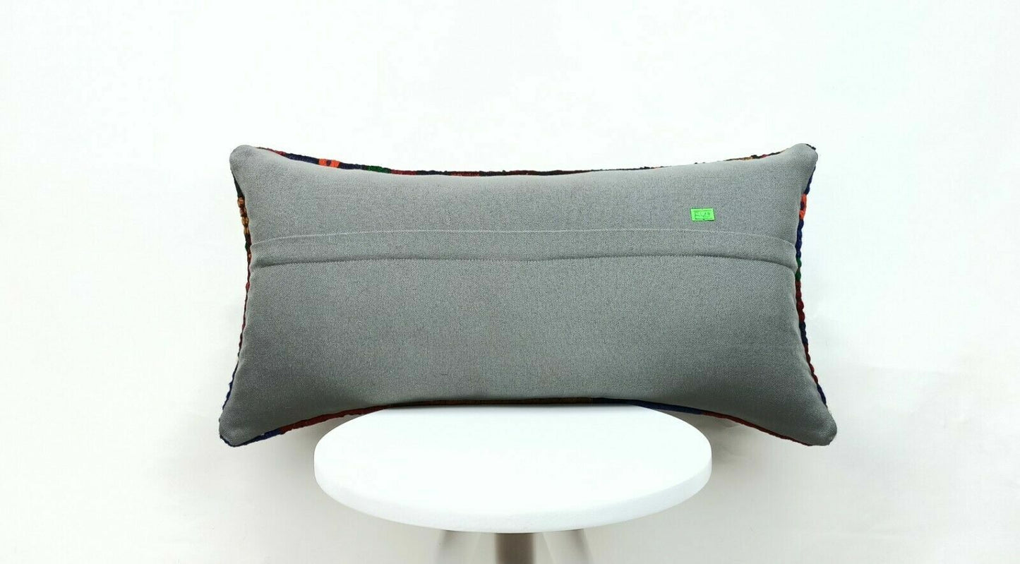 Turkish Kilim Pillow Cover 12x24 Sofa Ethnic Bohemian Wool Lumbar Cushion  E419