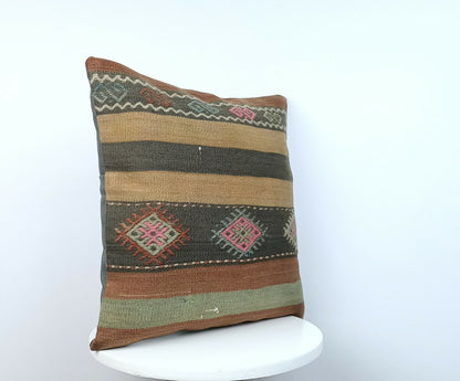 Traditional Kilim Cushion Cover 16x16 Handmade Turkish Tribal Pillow Cover E175