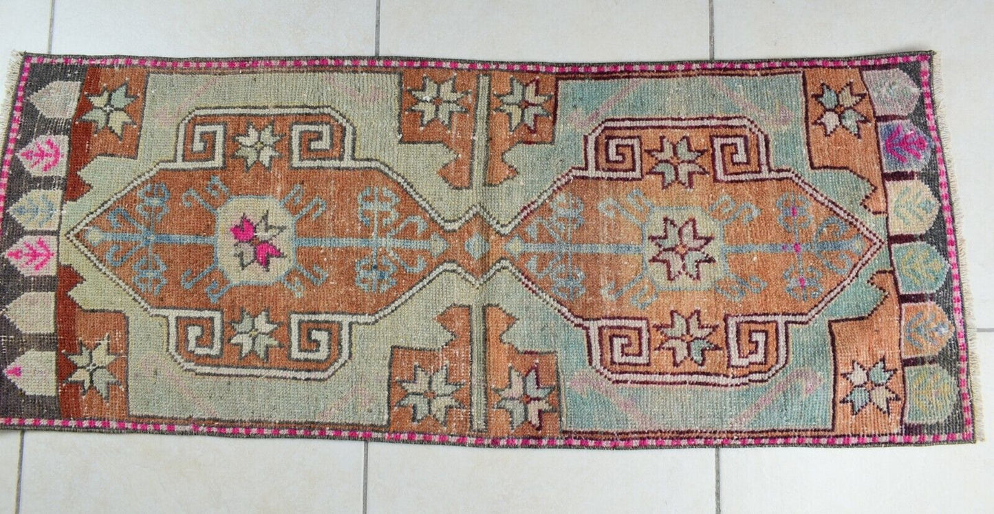 3.8x1.5 ft Anatolian Runner Small Vintage Rug Oushak Runner Mini Turkish Rug Y85