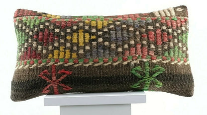 Kilim Pillow Cover 8x16 in Handmade Turkish Traditional Ottoman Boho Lumbar E726