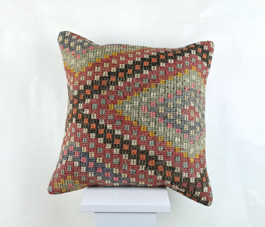 18"x18" Kilim Pillow Cover  Handmade Turkish Vintage Cushion Tribal Lumbar 2660