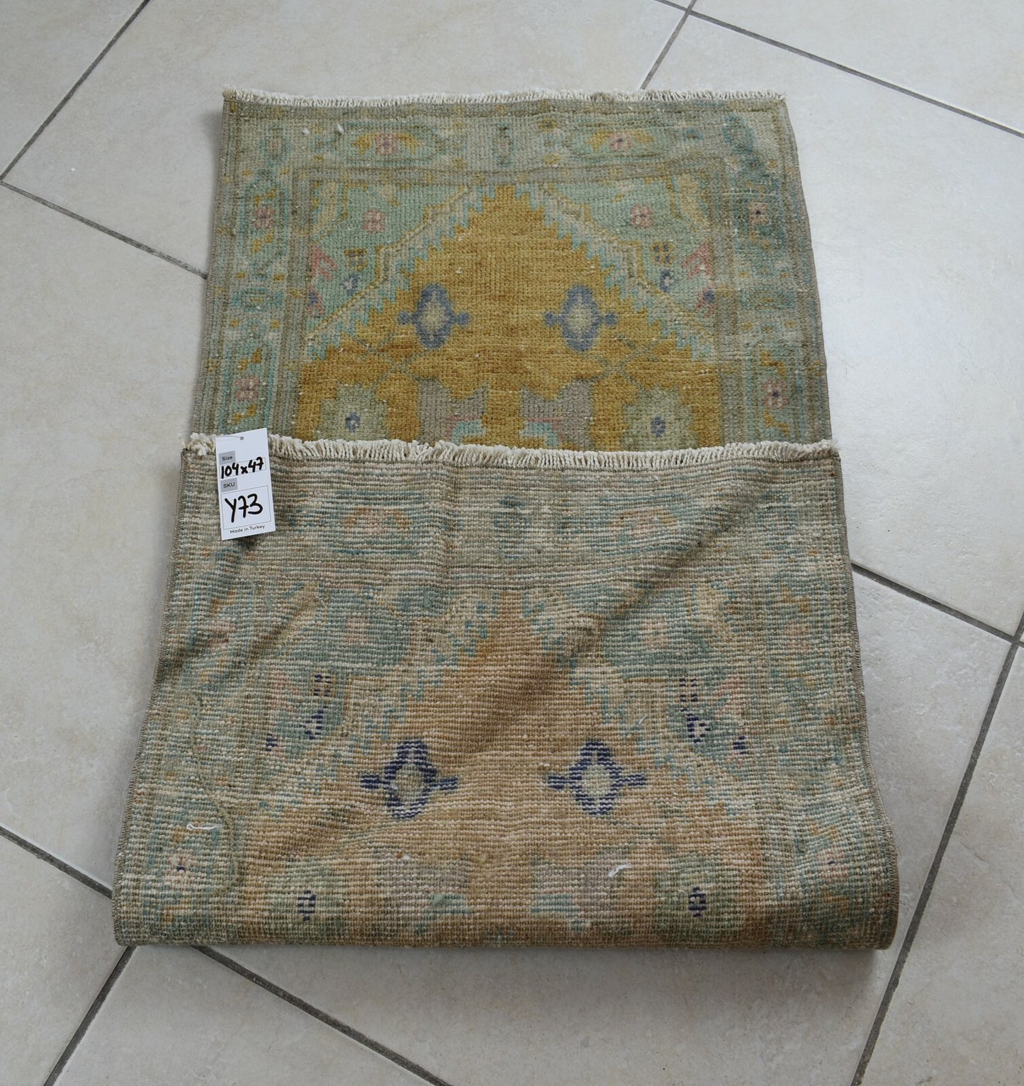 Turkish Runner 3.4x1.5 ft Vintage Small Rug Oushak Runner Anatolian Mini Rug Y73