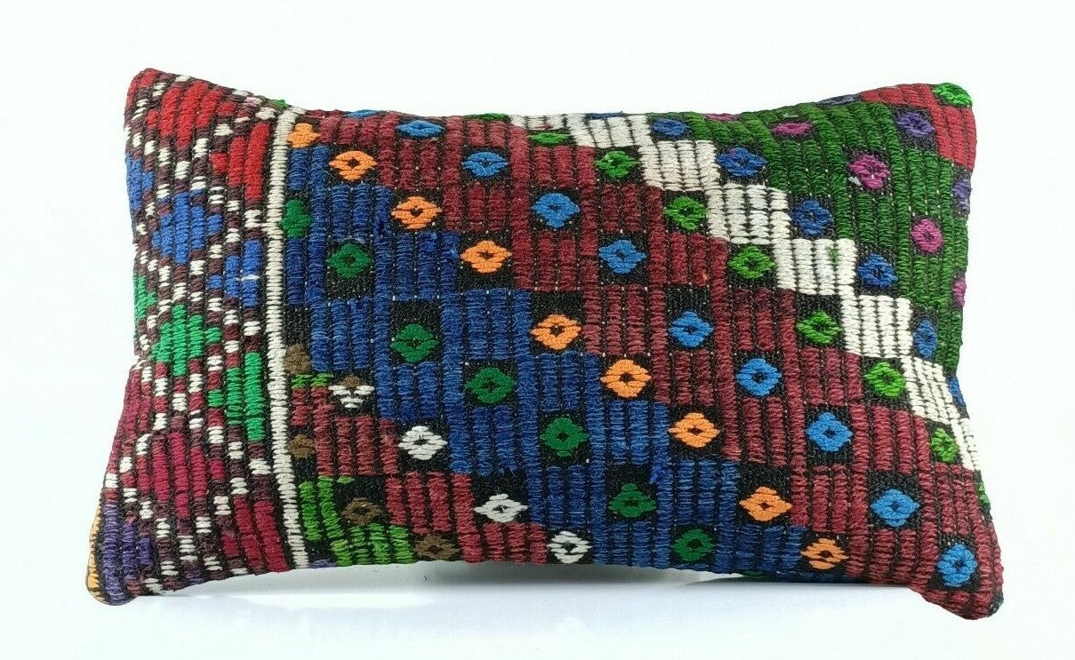 Kilim Pillow Cover 12x20 Handmade Turkish Rug Boho Ethnic Lumbar Cushion E1074