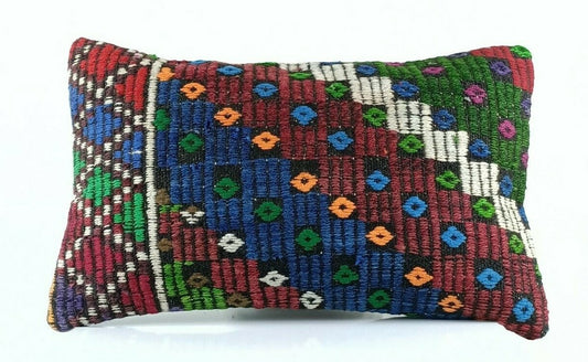Kilim Pillow Cover 12x20 Handmade Turkish Rug Boho Ethnic Lumbar Cushion E1074