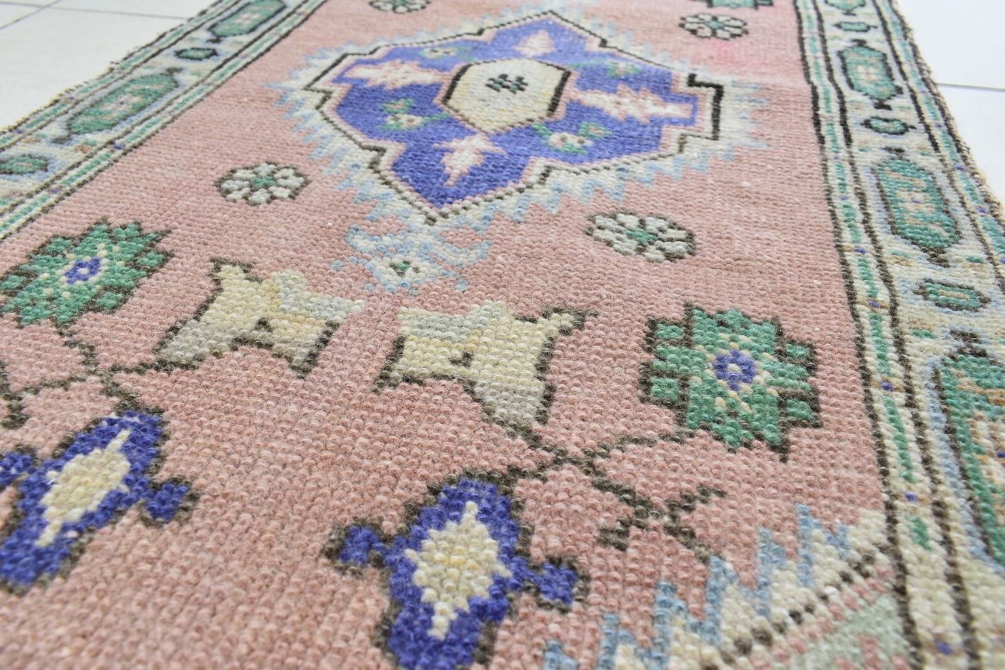 Turkish Runner 3.6x1.6 ft Vintage Small Rug Oushak Runner Anatolian Mini Rug Y68