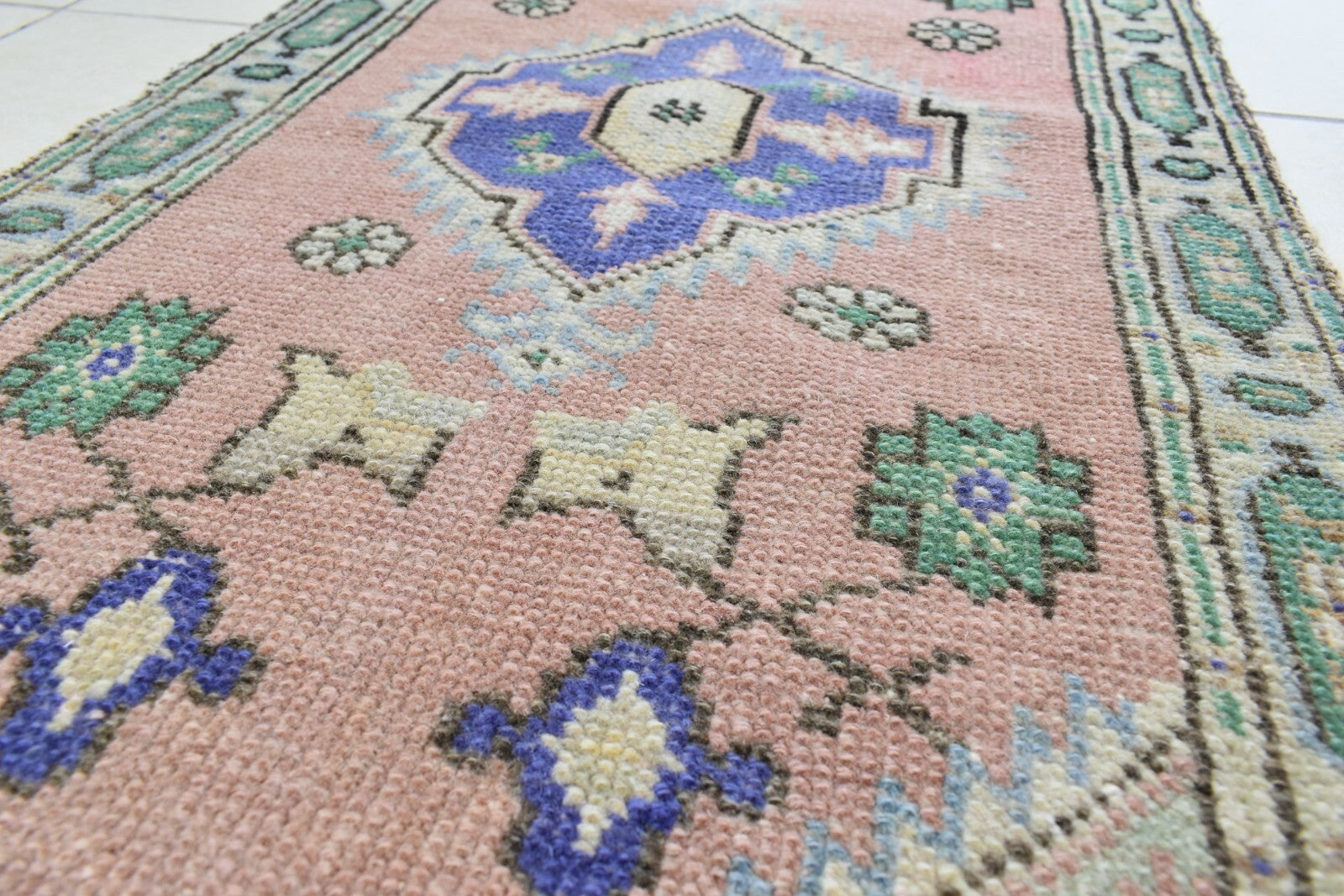 Turkish Runner 3.6x1.6 ft Vintage Small Rug Oushak Runner Anatolian Mini Rug Y68