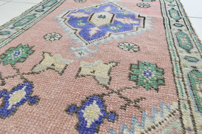 Turkish Runner 3.6x1.6 ft Vintage Small Rug Oushak Runner Anatolian Mini Rug Y68