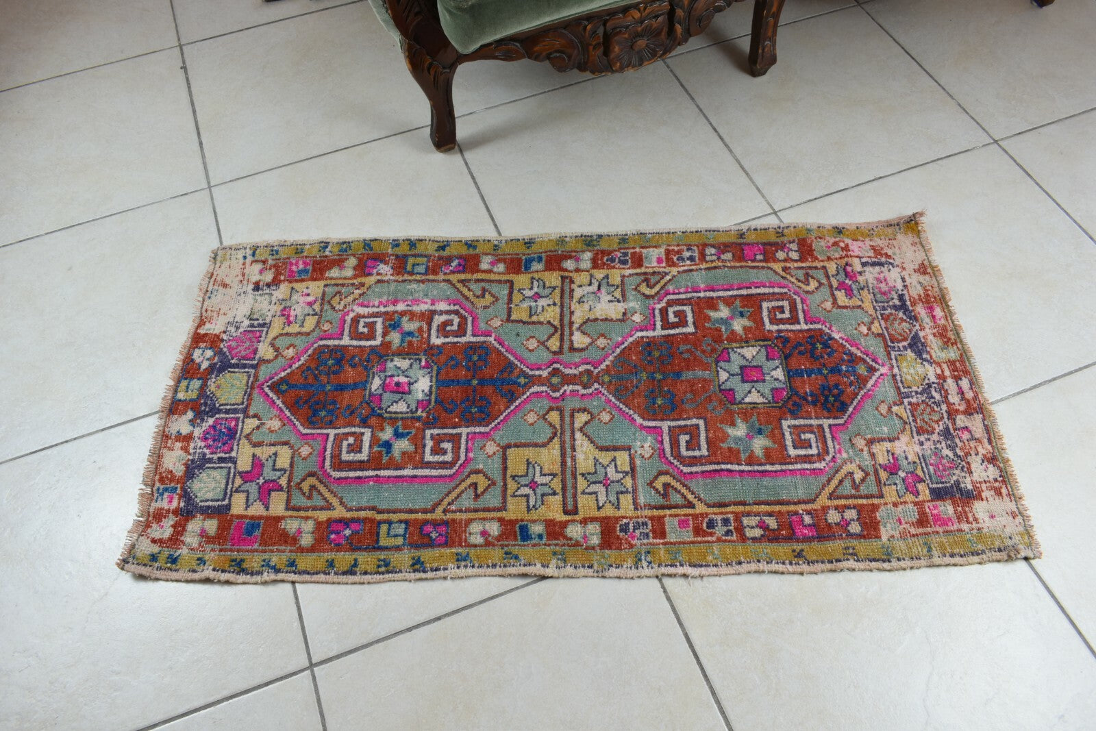Turkish Runner 3.6x1.8 ft Vintage Small Rug Oushak Runner Anatolian Mini Rug Y61