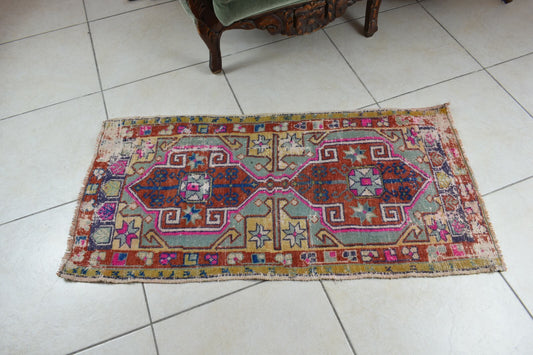 Turkish Runner 3.6x1.8 ft Vintage Small Rug Oushak Runner Anatolian Mini Rug Y61