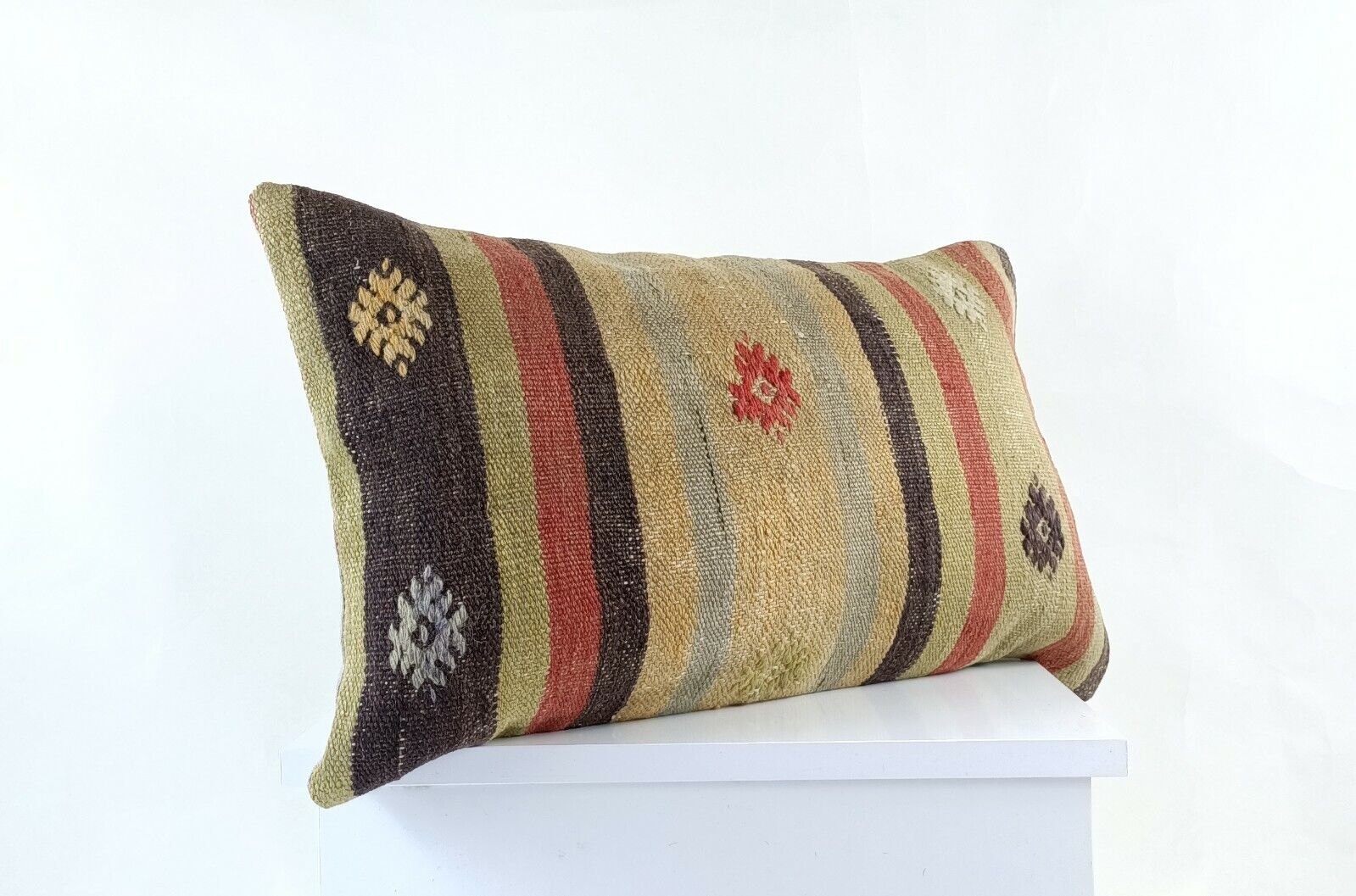 Kilim Pillow Cover 12x20 Handmade Turkish Rug Boho Ethnic Lumbar Cushion E1078