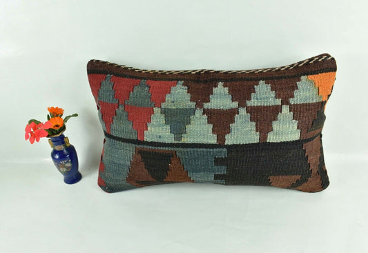 Kilim Pillow Cover 12x20 Turkish Handmade Vintage Couch Lumbar Cushion  A1817