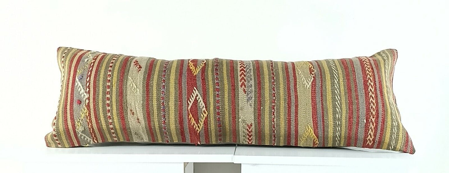 Lumbar Pillow Cover 12x36 Handknotted Kilim Rug Boho Wool Vintage Cushion A1111