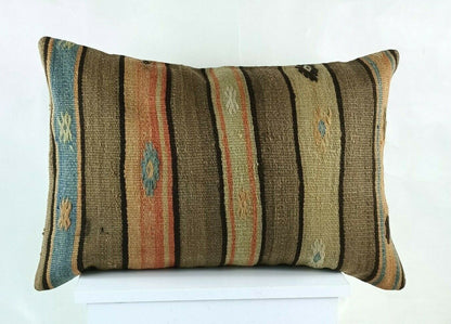 Kilim Pillow Cover 16x24 Handwoven Traditional Oushak Rug Cushion Lumbar E1222