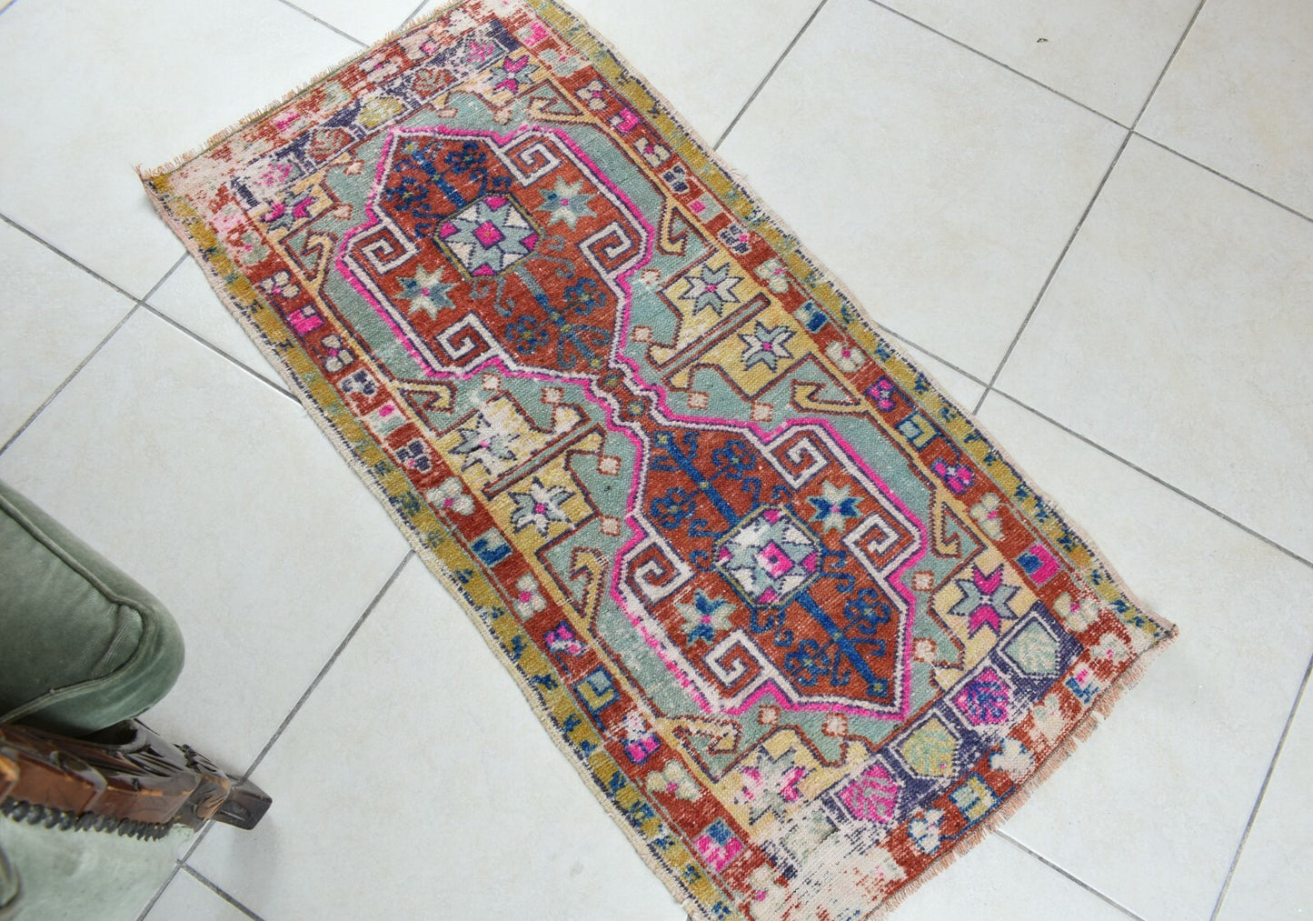 Turkish Runner 3.6x1.8 ft Vintage Small Rug Oushak Runner Anatolian Mini Rug Y61