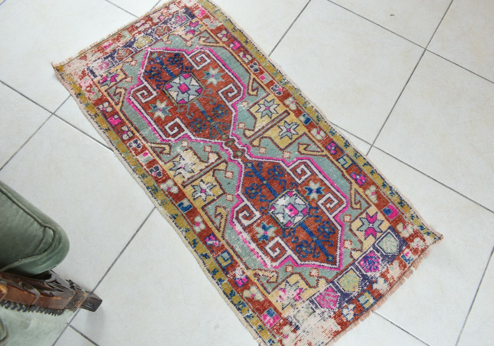 Turkish Runner 3.6x1.8 ft Vintage Small Rug Oushak Runner Anatolian Mini Rug Y61