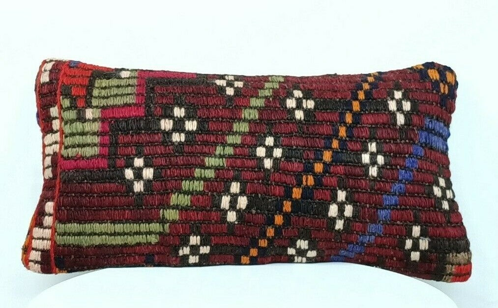 Turkish Kilim Pillow Cover 8"x16" Handmade Oushak Rug Tribal Lumbar Cushion E378