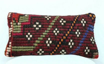 Turkish Kilim Pillow Cover 8"x16" Handmade Oushak Rug Tribal Lumbar Cushion E378