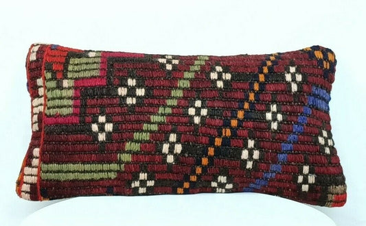 Turkish Kilim Pillow Cover 8"x16" Handmade Oushak Rug Tribal Lumbar Cushion E378