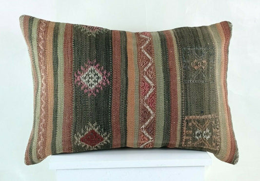 Oriental Ottoman Lumbar Pillow Cover 16x24 Handknotted Turkish Rug Cushion E1250